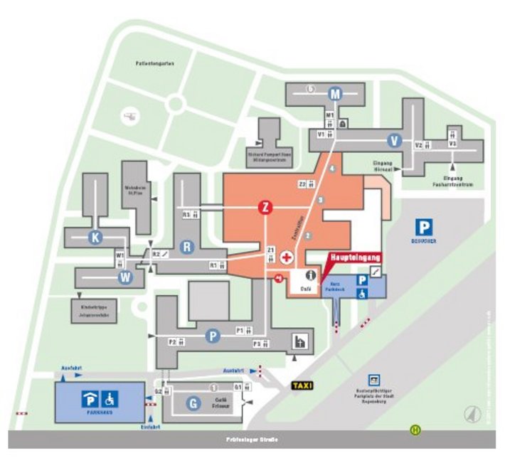 Auf dem Lageplan finden Sie eine Übersicht über die wichtigsten Orientierungspunkte unseres Krankenhauses.