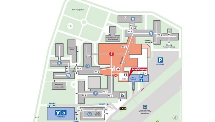 Übersichtsplan Krankenhaus Barmherzige Brüder Regensburg (pdf: sis |sign information systems gmbh) Auf dem Lageplan finden Sie eine Übersicht über die wichtigsten Orientierungspunkte unseres Krankenhauses.