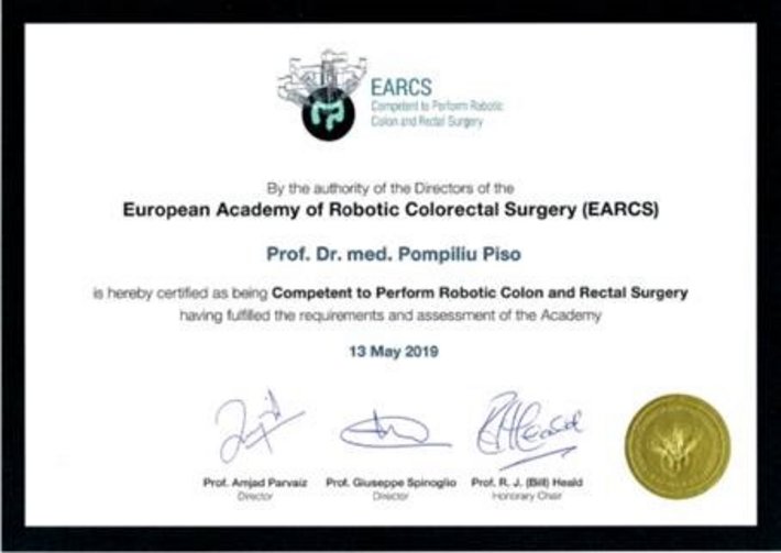 KRK-Zertifikat Prof. Dr. Pompiliu Piso (JPEG: European Academy of Robotic Colorectal Surgery) KRK-Zertifikat Prof. Dr. Pompiliu Piso
