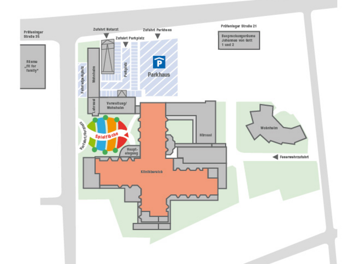 Übersichtsplan Klinik St. Hedwig (Grafik: de-Agentur) Der Übersichtsplan zeigt die wichtigsten Orientierungspunkte der Klinik St. Hedwig.